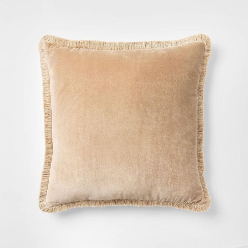 Velvet Throw Pillow with Fringe Trim - Threshold d Cream